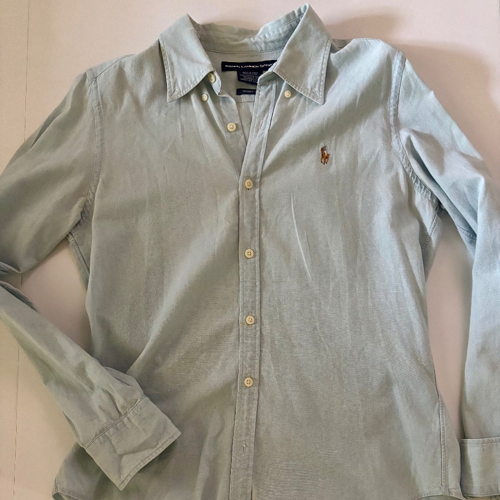 Ralph Lauren Women's Light Denim Slim Fit Shirt – Size 10 (Fits Like a Small)